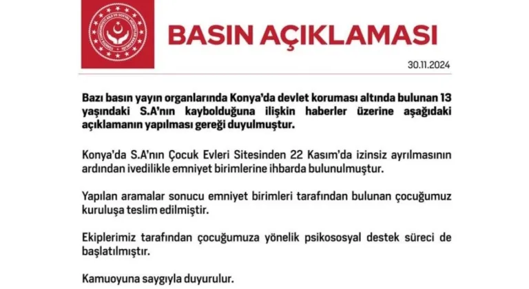 Aile ve Sosyal Hizmetler Bakanlığı’ndan kaybolan çocuk hakkında açıklama